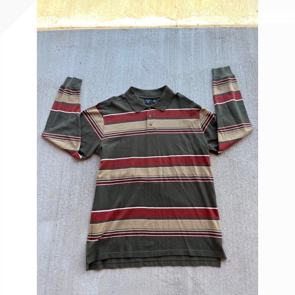 Junction West Mens XXL Long Sleeve Polo Shirt Striped Olive Green Cotton